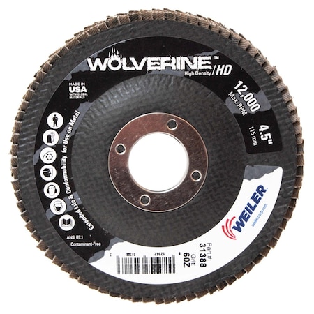 Weiler 4-1/2" High Density Flap Disc, Flat (TY27), 60Z, 7/8" 31388